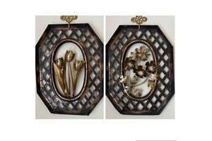 VINTAGE Enesco Metal Wall Art Set of 2 Octagonal Lattice Flowers Brutalist